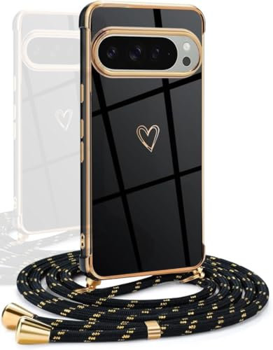 YAMCCCSE Cover per Google Pixel 9 / Pixel 9 Pro con Collana Amore Cuore Custodia per Donne Morbido Sottile Laccio Tracolla Case con Protezione Fotocamera Dorata Placcatura Cornice Paraurti