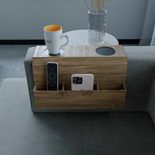 WOOVEN DESIGN Bandeja de madera para sofá, mesa lateral ajustable para sofá, organizador con soporte para tazas, bandeja para reposabrazos