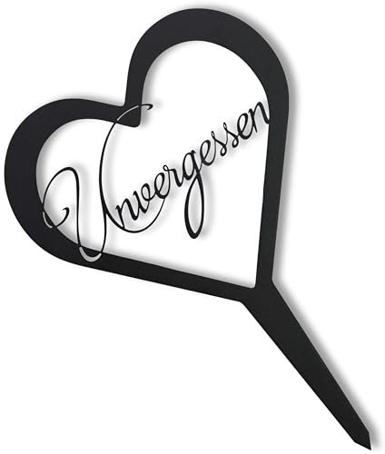 Rostikal Außergewöhnliches Grabdeko Herz mit Gravur Unvergessen - Schöner Grabschmuck wetterfest, schwarz, 23 x 35 cm, mit Erdspieß, Trauer Deko Schild für Hinterbliebene als Friedhof Deko