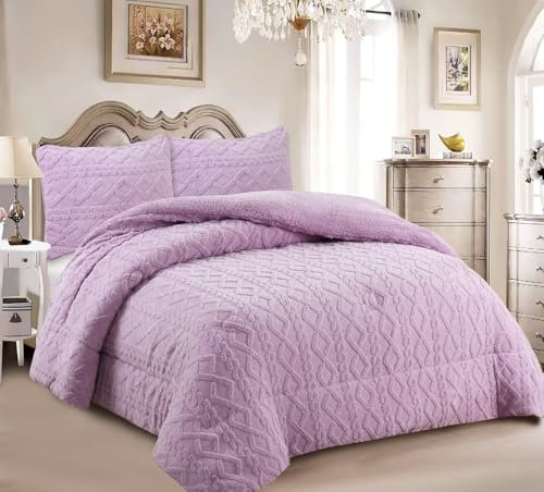 Genérico Edredón Borrego Invierno 230x250 cm – Nórdico Efecto Borreguito Extra Suave y Cálido – Edredón Invierno para Cama 135/150 cm – Incluye 2 Fundas de Almohada (Lila, Cama 135)