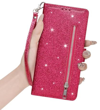 HAOFUGUI Magnetica Glitter Cover per Huawei P40 lite, Pelle PU Custodia Portafoglio, Con Supporto Slot Schede Antiurto Case Cover per Huawei P40 lite-Rosa rossa