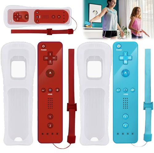 GBKDQQ 2x Wii-Fernbedienung, Controller Gamecontroller, Wireless Remote Bewegungssensor Vernbedinung Ersatz Gamepad, mit Silikonhülle und Handschlaufe (Rot+Blau)