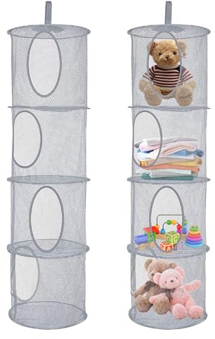 Zyluniy 2 Stück Hängender Speicherkorb, 4 Tier Faltbare Aufbewahrungsnetze | Kuscheltiere Hängeregal, Hängende Mesh Aufbewahrungsnetze, Hängeaufbewahrung Netz für Spielzeug, Kleine Kleidung (Grau)