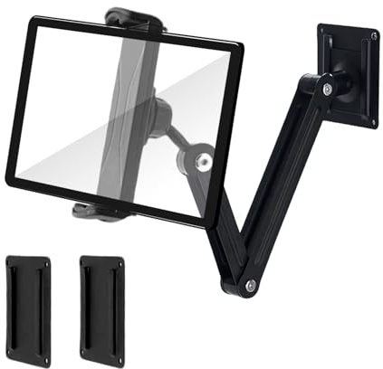 Support mural pour tablette - Rotation à 360° - En acier - Extensible et pliable - Avec 2 bases - Pour téléphone portable de 4 à 13 pouces - Pour cuisine, salle de sport, chambre à coucher