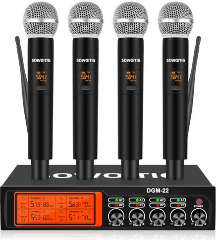 SOWOITIG Wireless Microphone System with 4 Handheld Mics, Professional 4-Channel UHF Cordless Microphone Set with Metal Receiver, 193 m Range for Church, Karaoke, Wedding, Party, Family Celebration