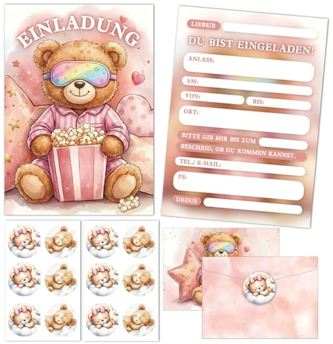Huahuanghui 12x Übernachtungsparty Einladungskarten Kindergeburtstag | Sleepover Party Einladung, Einladungskarten Kindergeburtstag Mädchen, Übernachtungsparty Mädchens, mit Umschlägen & Stickern