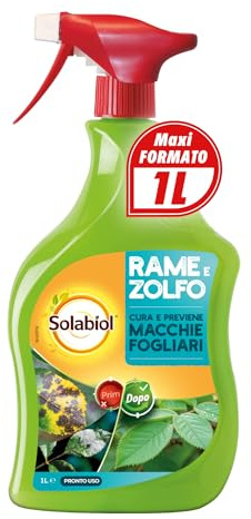 Solabiol Rame e zolfo spray pronto uso. Integratore a base di rame, zolfo e microelementi cura e previene le macchie fogliari. Maxi formato 1 L.