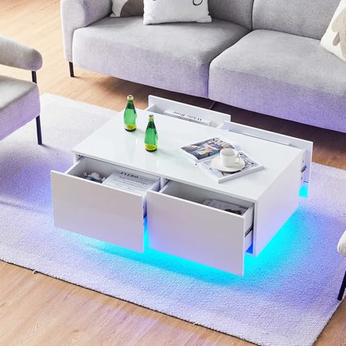 CLIPOP Couchtisch Hochglanz weiß, LED, 4 Schubladen, 3 Lichtfarben | Wohnzimmertisch, 4 Schubladen, Einstellbare Lichtfarben, Mit Stauräume, Moderner Sofatisch