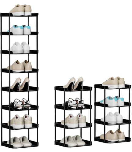 SZSHYNJ 8 Ebenen Schuhregal Schmal und Hoch, Vertikales Schuhregale Stapelbar, Kleines Regal Platzsparend, Eckschuhregal Kinder, Vertical Shoe Rack für Garten, Treppe, Terrasse, Flur, Küche, Schwarz