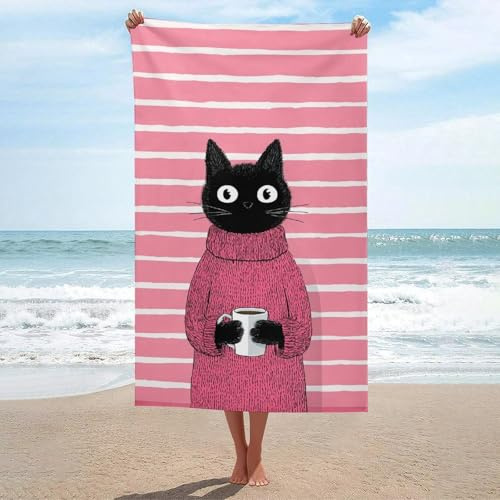 Serviette de plage en microfibre anti-sable, motif chat noir tenant une tasse de café, grande serviette de douche, multi-usages et absorbantes pour salle de bain et piscine, 130 x 80 cm