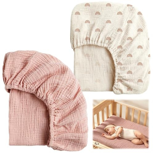 2 Stück Musselin Spannbettlaken Kinderwagen 80x40 cm, Atmungsaktive Baumwolle Bettlaken für Beistellbett, Stubenwagen und Babybett, Weicher Matratzenbezug für Baby