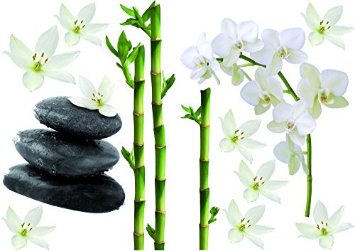 Décoration adhésive Bambous/Orchidées et Galets, Polyvinyle, Multicolore, 21 x 0,1 x 29,6 cm 157170