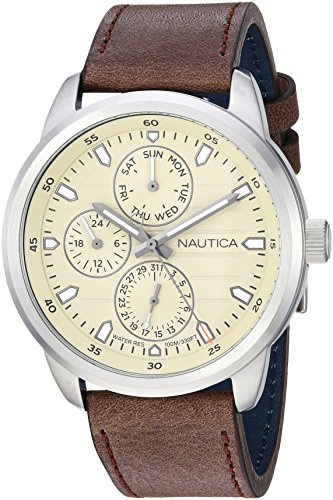 Nautica Herren analog Japanisches Quarzwerk Uhr mit Leder Armband NAPFRL001