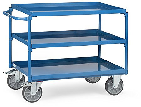 Fetra - Tischwagen 850 x 500 mm mit 3 Ladeflächen aus Stahlblech-Wannen 40 mm - Stahlrohrkonstruktion blau pulverbeschichtet