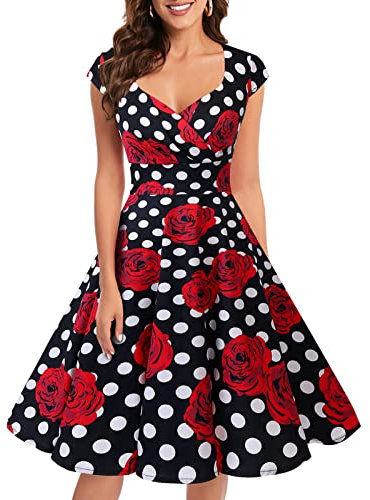 bbonlinedress 1950er Vintage Retro Cocktailkleid Rockabilly V-Ausschnitt Faltenrock Black White Rose 3XL