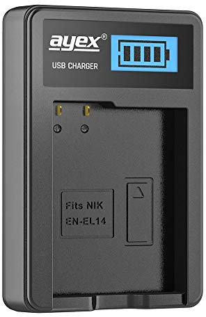ayex USB Ladegerät Kompatibel mit Nikon EN-EL14 Akkus für zB D3100 D3200 D3400 D5100 D5300 D5500 Lädt per USB-C zB an Laptop & Powerbank mit LCD-Ladestandanzeige