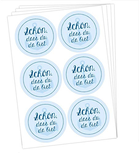 Papierdrachen 24 runde Sticker zu Taufe und Kommunion - Aufkleber zur Dekoration von Gastgeschenken - Schön, dass du da bist (blau) Set 1