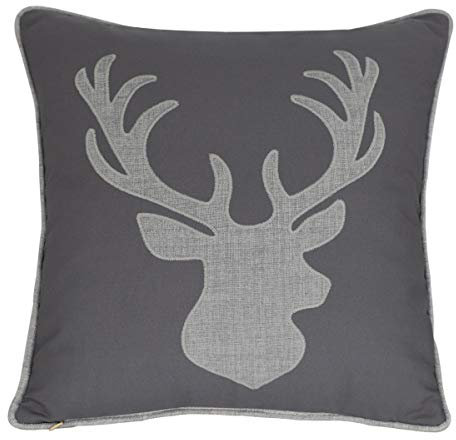 millianess Kissenbezug mit Hirschkopf, dekorativ, Baumwollleinen, bestickt, 45,7 x 45,7 cm, Grau