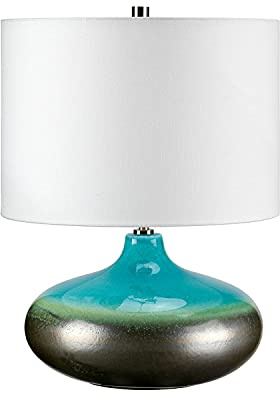 Licht-Erlebnisse Stylische Tischlampe LARA mit ovalem Fuß aus Porzellan Stoffschirm Weiß Türkis H:48cm Nachttisch Lampe