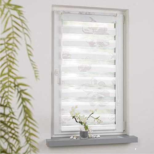DECOLIA by Garesa Duo Rollo - Doppelrollo Klemmfix ohne Bohren 90 x 210 cm, Weiß/Taupe mit Blumen - Fenster Sichtschutz und Lichtschutz, Mit Kettenzug