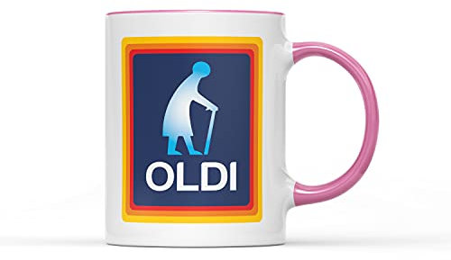 Oldi Woman Mug- Birthdays Christmas Funny Gift Presents Mother's Day Celebration Novelty Old Coffee Tea Heavy Duty Handle Dino Coated Dishwasher/Microwave Safe Sublimation Ceramic (Pink Handle Prime)