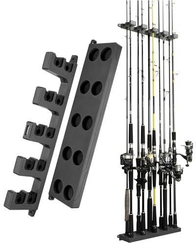 Booms Fishing WV4 - Supporto per canna da pesca, da parete, per garage, verticale, orizzontale/soffitto, per riporre fino a 10 canne per risparmiare spazio, grigio e nero