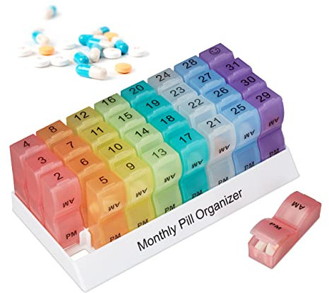 Relaxdays Tablettenbox, englische Schrift, Pillendose für 31 Tage, BPA-freier Kunststoff, tägliche Medikamentenbox, bunt
