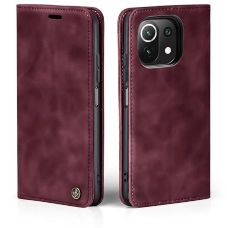LBH Handyhülle für Xiaomi Mi 11 Lite / 11 Lite 5G in Weinrot mit Karten- und Geldfach Smartphone Hülle mit Standfunktion Flip Case Schutzhülle Magnetverschluss Vintage