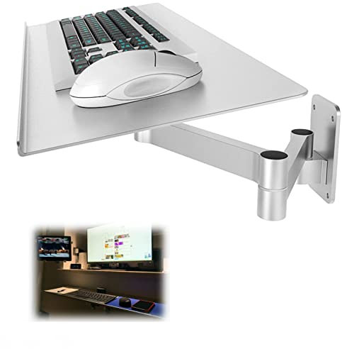 Vassoio per Tastiera da Parete, Supporto per Tastiera per Mouse a Scomparsa, Piattaforma per Tastiera Regolabile in Altezza, Vassoio Ergonomico per Tastiera Girevole a 360°, Argento