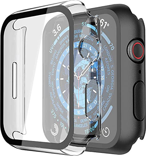 Piuellia 2 Pack Hard Case with Tempered Glass Screen Protector for Apple Watch Series 9, 8, 7 45mm, Ultra-Thin Overall PC iWatch Protective Cover, 1 Black + 1 Transparent
