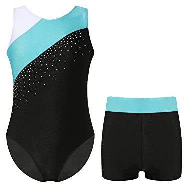 iEFiEL Mädchen Glitzer Turnanzug Ärmellose Leotards Rückenfrei Ballettanzug mit Strass Ballettkleidung Gymnastikbody Tanzkostüm Vb Blau Grün 134-140