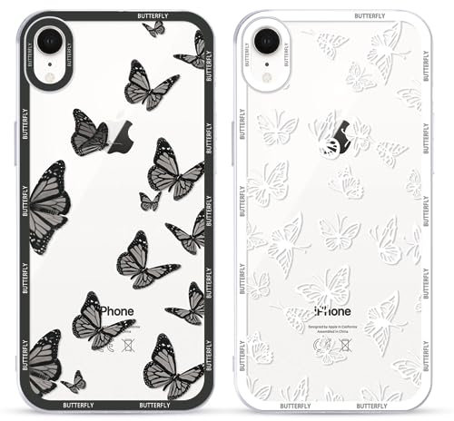 Yoedge 2 Stück Transparent HandyHülle für Apple iPhone XR Hülle Schmetterling 6,1, TPU Silikon Schutzhülle für iPhone XR Case 3D Schwarz Butterfly Muster Aesthetic Mädchen Frauen Durchsichtig Cover