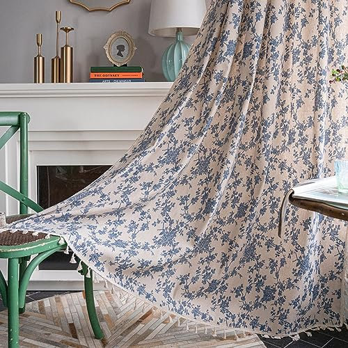 iyoimono Boho Vorhänge Beige Blaue Blumen Blickdicht Gardinen mit Quaste Baumwolle Leinen Landhausstil Häkeln Stricken Gardinen Vorhang für Küche Wohnzimmer Schlafzimmer,2 Stück,150x200cm