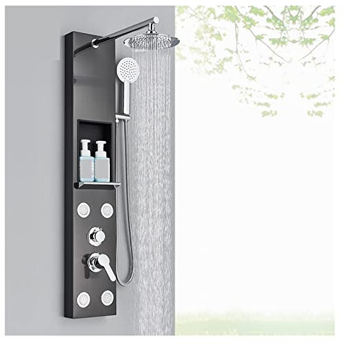 Set Miscelatore Doccia termostatico Pannello Doccia Nero con portaoggetti Set Rubinetto Doccia a Pioggia Colonna Doccia Vasca Miscelatore Doppia Maniglia Torre (7004 Nero 1)