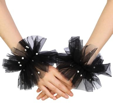 GRYUIRY Fingerlose Handschuhe aus kurzer Spitze, weiße Perle, Tüll, Hochzeitshandschuhe für Damen, Halloween, Party, Kostüm, Zubehör, Schwarz, Einheitsgröße