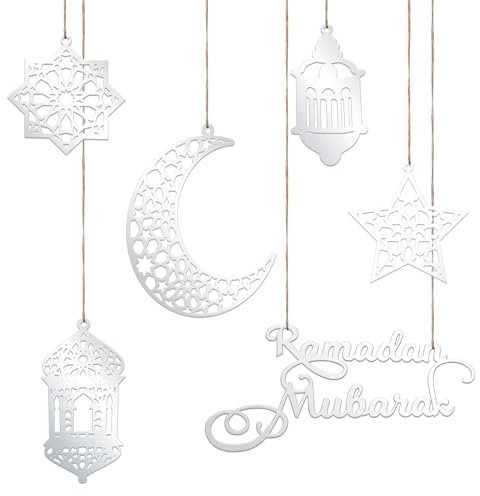 6pcs Décorations du Ramadan, Acrylique Ramadan Kareem Deco Lumière du Vent Lune en Forme d'Étoile Decoration Aid Moubarak pour Accrocher aux Murs aux Fenêtres aux Arbres (Argent)