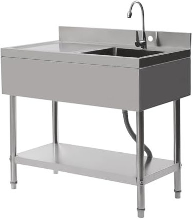 Lavabo mobile in acciaio inox, lavello esterno in acciaio inox, con 1 lavandino (a destra), lavandino portatile e commerciale con rubinetto