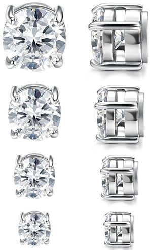 JewelryWe Magnet Ohrringe Non-Piercing Ohrstecker: 4 Paar Herren Damen Edelstahl Runde Zirkonia Magnetische Ohrstecker Magnetohrringe Fake Plug Tunnel Ohrclips Clip on Ohrringe Ohne Ohrloch 5-8mm