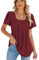Famulily Square Neck Loose T Shirts for Women Comfy Ruffle Sleeve Pleated Basic Summer Clothes Tops (XL, Wine)