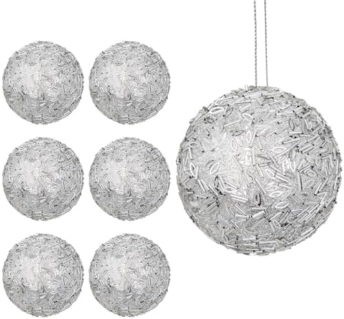 Hollyone 10cm Große Weihnachtskugeln Ornament, 6 Stück Weihnachtsbaumschmuck, Bruchsichere Hängedekoration mit Schnüren, Silber Christbaumkugeln Pailletten für Weihnachtsbaum Hochzeit Partydeko
