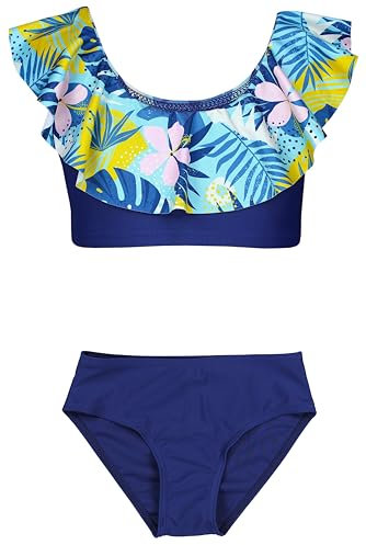 Aquarti Mädchen Bikini Set Bustier Bikinislip Zweiteiliger Badeanzug, Farbe: 037 Rüsche Bikini Grün Gelb Blätter Blau, Größe: 146