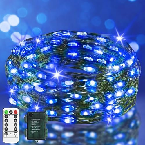 JXLEDAYY 9.9 FT 60 LED Fairy Lights Battery Operated String Lights Green Copper Wire Christmas Lights with Remote Timer 8 Modes for Tree Greenery Bedroom Garland Wreath Garden Wedding Decoration Blue