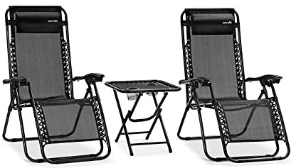 SereneLife Sonnenliege Wetterfest, Gartenliege Wetterfest zum Liegen, Loungesessel Verstellbar für Balkon, Garten, Terrasse & Camping mit Tisch, Kopfkissen & Getränkehalter, Deckchair, Gartenstuhl