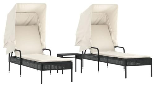 vidaXL Sonnenliegen 2 STK., Sonnenliege mit Dach Tisch Kissen, Relaxliege für Garten Terrasse, Gartenliege Sonnenbett, Schwarz Poly Rattan