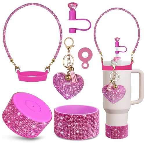 VirgoCCY 5PCS Stanley Cup Accessories Set 30&40 Oz, Includes 1 Diamond Glitter Silicone Boot, 1 Glitter Handle Strap, 1 Straw Covers,1 Straw Adapters Charm Blank with 1 Glitter Charms, Hot Pink