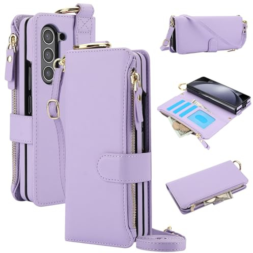 XIMAND für Samsung Galaxy Z Fold 6, Brieftaschen-Hülle mit 3 Kreditkartenfächern und Bargeldfach, Reißverschlussfach, Armband und Ring, RFID-blockierende, Magnetverschluss, Ständer. (Lila)
