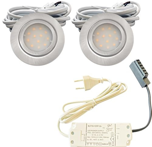 2x IP44 LED Einbauspots 12V, flach, 2,4W, 200lm, Edelstahl gebürstet, inkl. LED-Trafo, 230V Zuleitung mit Stecker, AMP Verteiler, Neutralweiß 4000K, Lochdurchmesser 54-60mm, Plug and Play.