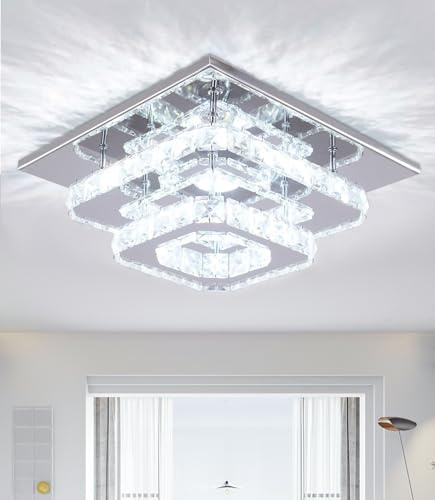 Crystal LED Ceiling Light, Ceiling Crystal Lamp Stainless Steel K9 Modern Flush Mount Lights Fixture Double Square Ceiling Lamp Chandelier for Dining Room Living Room Bedroom Hallway (Cool White)