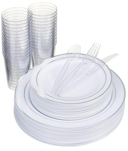 MATANA 300 Pcs Reusable White & Silver Plastic Dinnerware Set for 50 Guests - Dinner Plates, Dessert Plates, 10oz Silver Glitter Cups & Cutlery for Weddings, Birthdays, Christmas & Parties