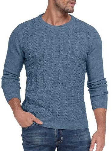 Hisir Mens Cable Knit Jumper UK Thick Crew Neck Pullover Winter Warm Long Sleeve Sweater (Blue, L)